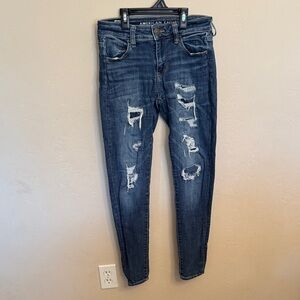 American Eagle Women's Ripped Dark Blue Skinny Jeans